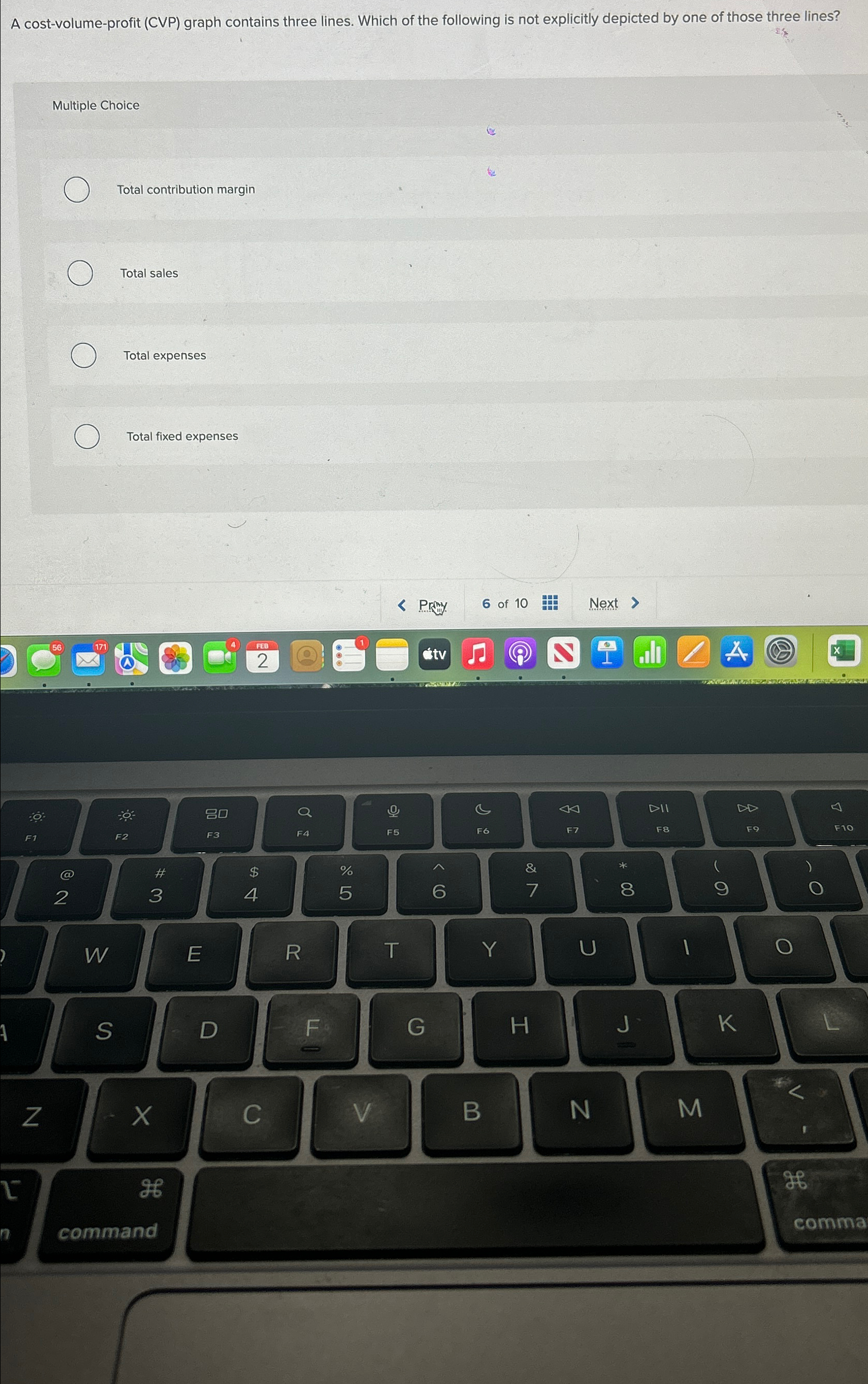  A cost-volume-profit (CVP) graph contains three lines. Which of the following