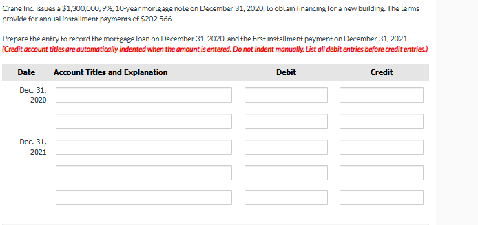  Crane Inc issues a $1,300,000,9%,10-year mortgage note on December 31,2020, to