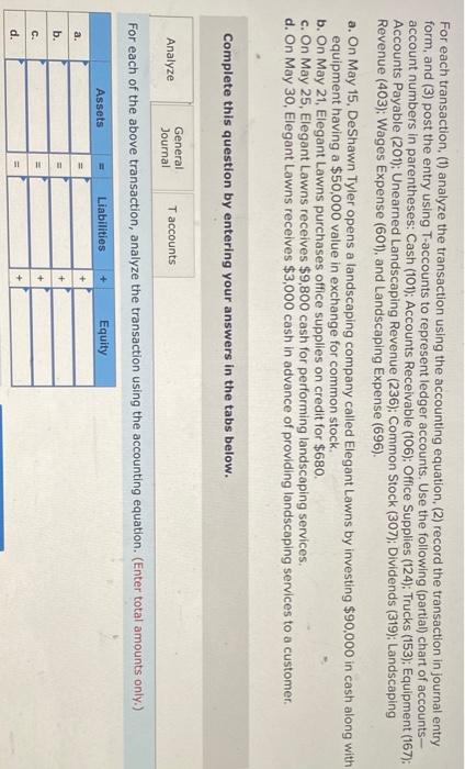 PLEASE HELP!!!! For each transaction (1) analyze the transaction using the accounting