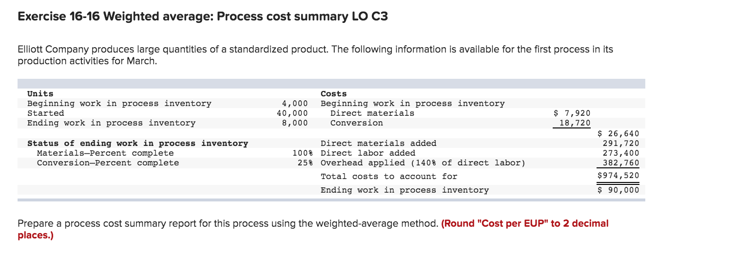 Exercise 16-16 Weighted average: Process cost summary LO C3 Elliott Company