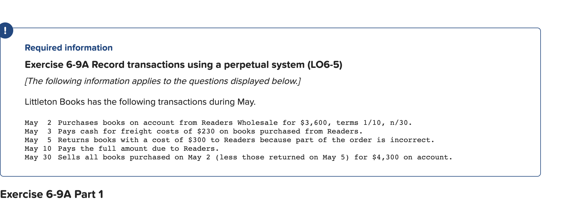  Required information Exercise 6-9A Record transactions using a perpetual system (LO6-5)