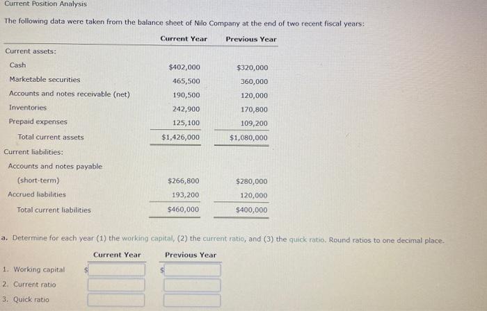  Current Position Analysis The following data were taken from the balance