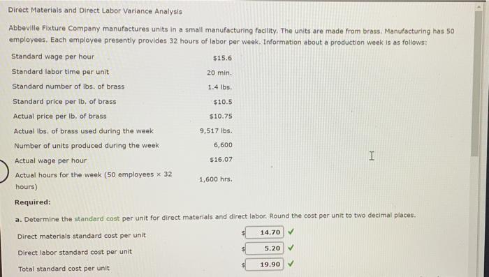 1.4 lbs. $10.75 Direct Materials and Direct Labor Variance Analysis Abbeville