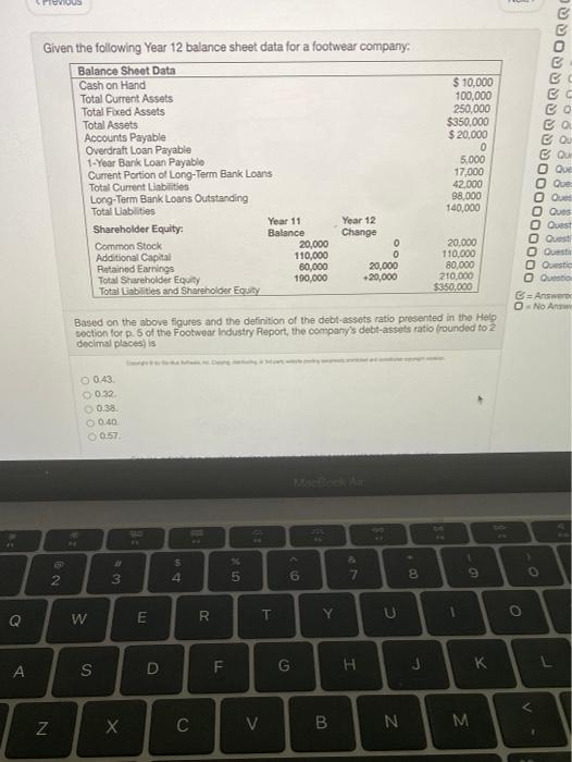  temos Given the following Year 12 balance sheet data for a