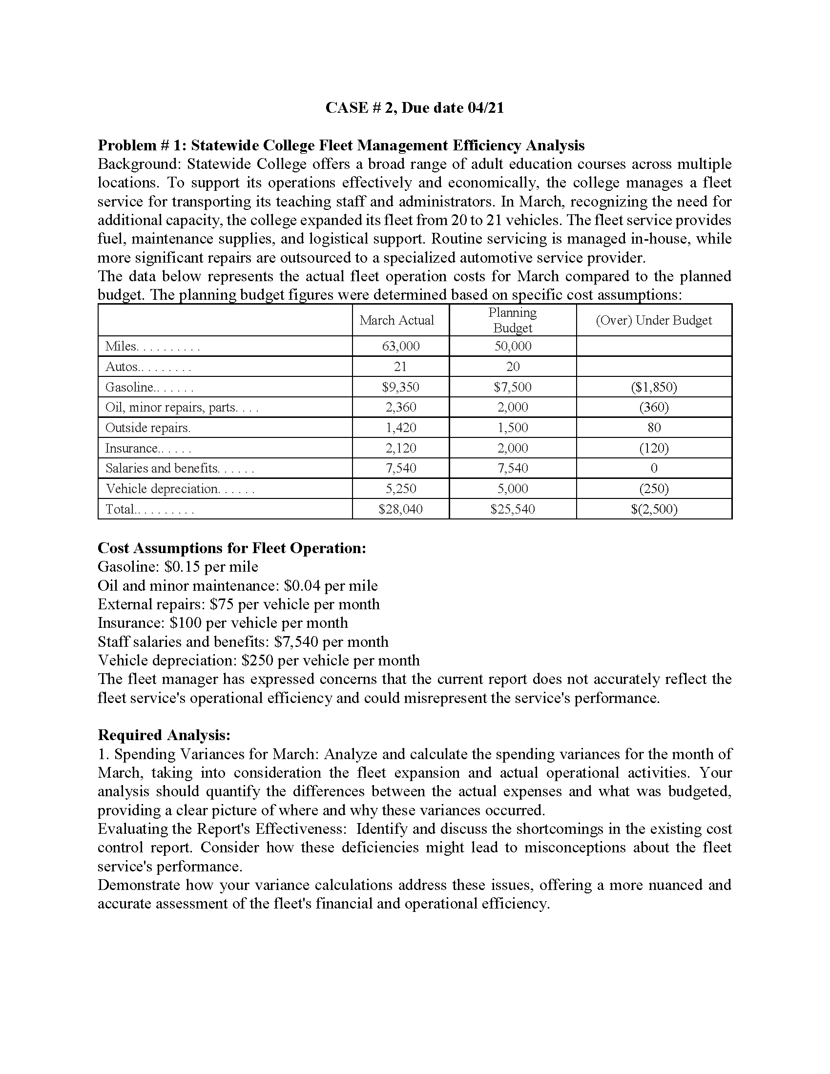  Problem # 1: Statewide College Fleet Management Efficiency Analysis Background: Statewide