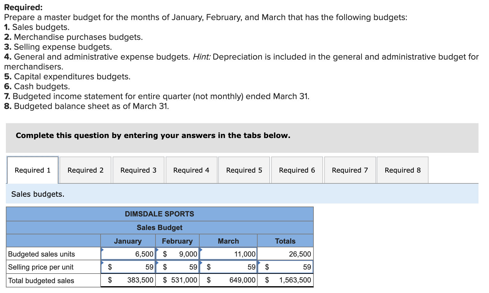 put numerical values. Thank you. Dimsdale Sports, a merchandising company, reports the
