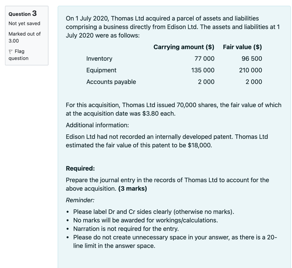 Question 3 Not yet saved Marked out of 3.00 Flag question On