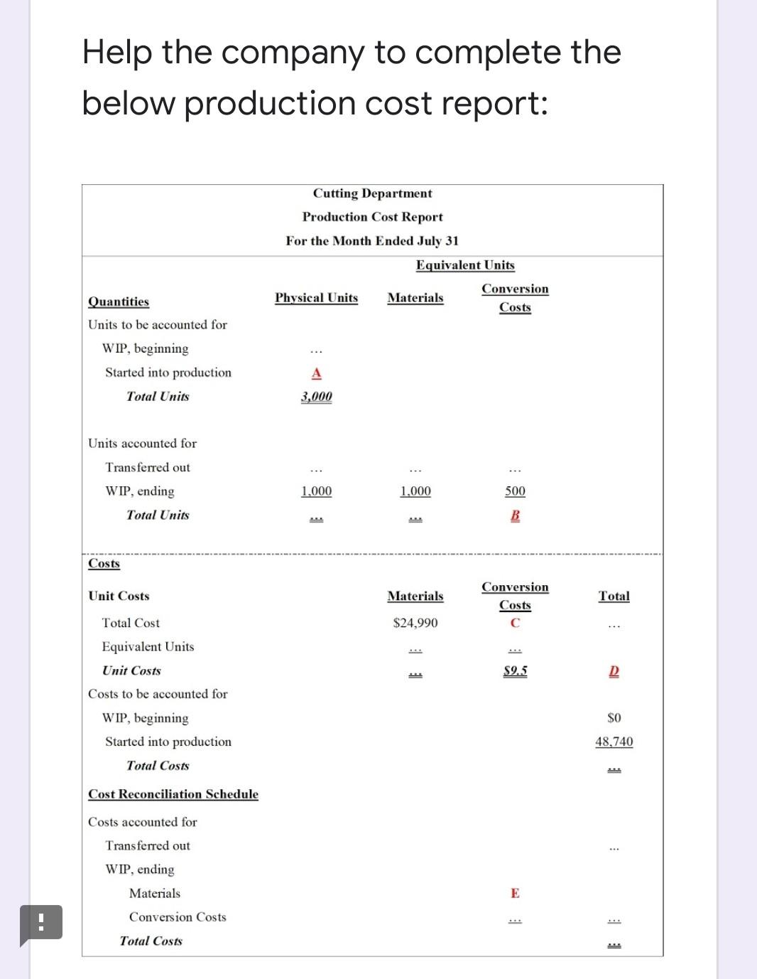  Determine the missing amount in the production report (numbered from A