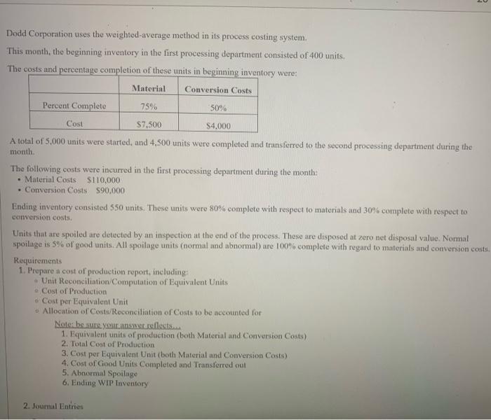 question 2 19 Dodd Corporation uses the weighted-average method in its process