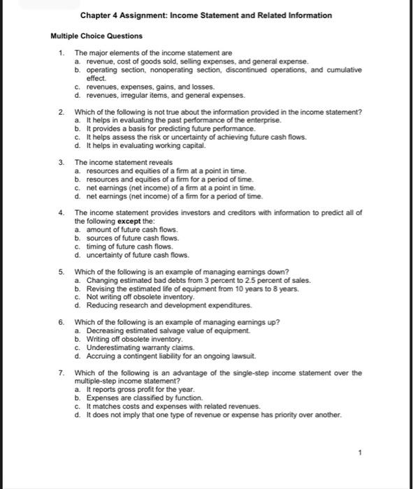  4. Chapter 4 Assignment: Income Statement and Related Information Multiple Choice