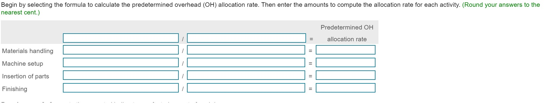 activities: materials handling, machine setup, insertion of parts, and finishing. The budgeted