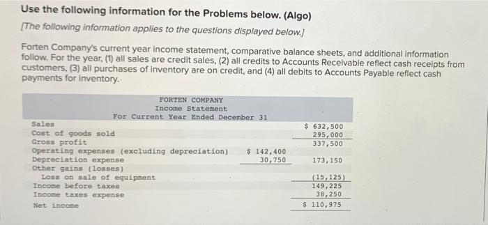  continued... Use the following information for the Problems below. (Algo) [The