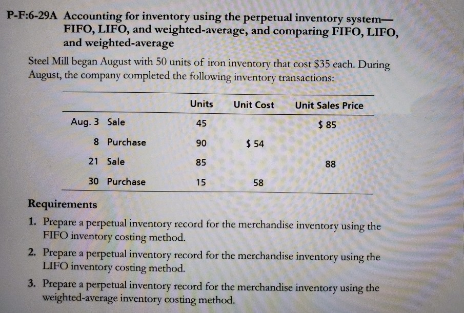 P-F:6-29A Accounting for inventory using the perpetual inventory system- FIFO, LIFO,