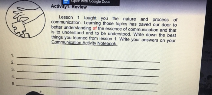  open with Google Docs Activity. Review Lesson 1 taught you the