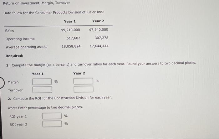 question 2 assignment 2 Return on Investment, Margin, Turnover Data follow for