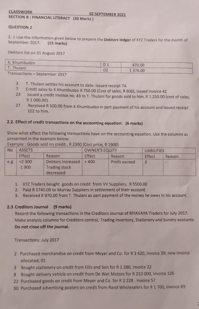  CLASSWORK O2 SEPTEMBER 2021 SECTION B: FINANCIAL LITERACY (30 Marks) QUESTION