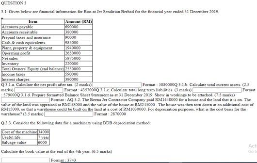  QUESTION 3 3.1. Given below are financial information for Boo-at Jer