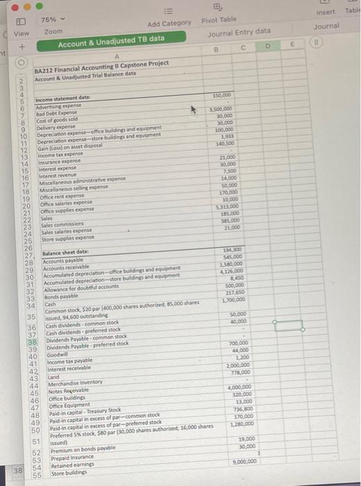 Unadjusted TB data Journal Entry data A B. C D E F