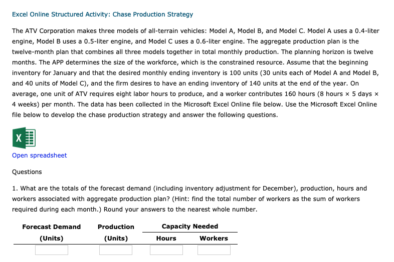 PLEASE PROVIDE EXCEL FORMULAS Excel Online Structured Activity: Chase Production Strategy