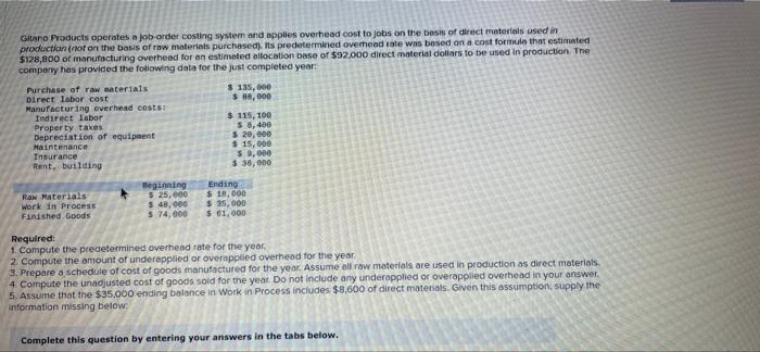 help me Gitano Products operates a job-order costing system and applies overhead