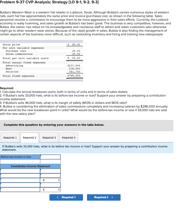 Problem 9-37 CVP Analysis; Strategy [LO 9-1, 9-2, 9-3] Bubbas Western Wear