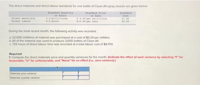  The direct materials and direct labour standards for one bottle of