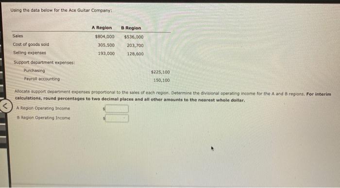  Using the data below for the Ace Guitar Company: A Region