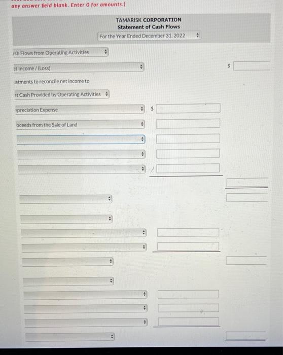 appear below: TAMARISK CORPORATION Comparative Balance Sheet Assets 2022 2021 Cash $44,500