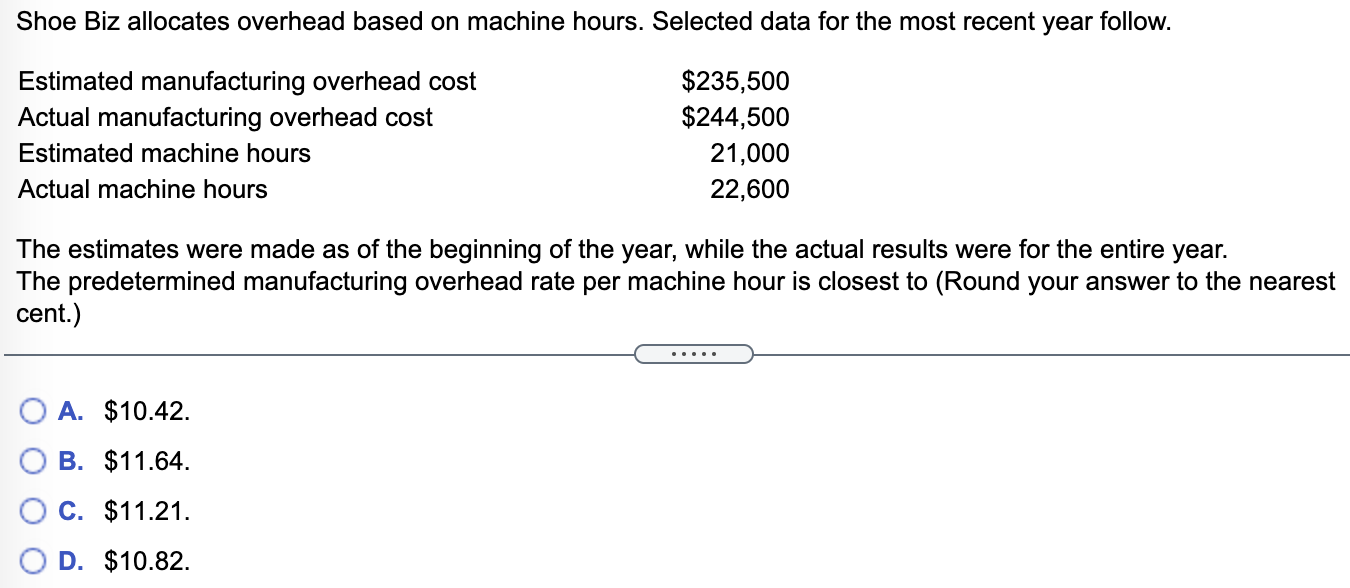 Shoe Biz allocates overhead based on machine hours. Selected data for