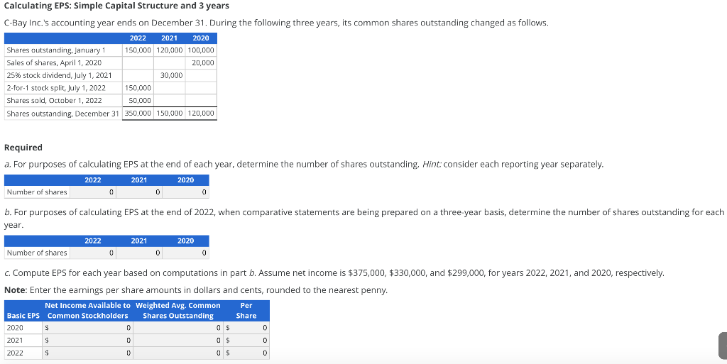 SOLVE ASAP 2022 Calculating EPS: Simple Capital Structure and 3 years C-Bay