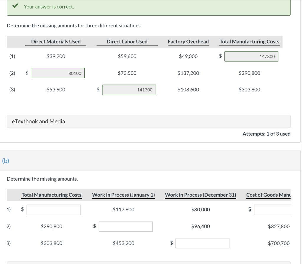 Your answer is correct. Determine the missing amounts for three different