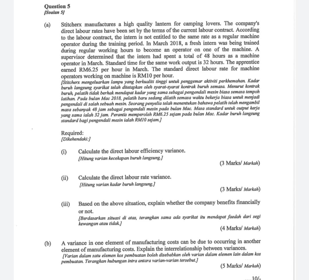 solve the question fast Question 5 Soalan 5) (a) Stitcherx manufactures a