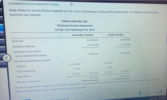  Corrections to Service Department Charges Panda Airlines Inc. has two divisions