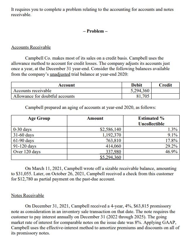  It requires you to complete a problem relating to the accounting