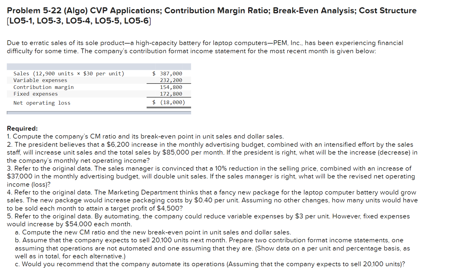  Problem 5-22 (Algo) CVP Applications; Contribution Margin Ratio; Break-Even Analysis; Cost