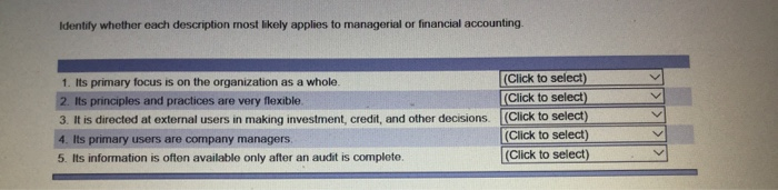  Identify whether each description most likely applies to managerial or financial