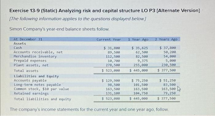  Exercise 13-9 (Static) Analyzing risk and capital structure LO P3 (Alternate