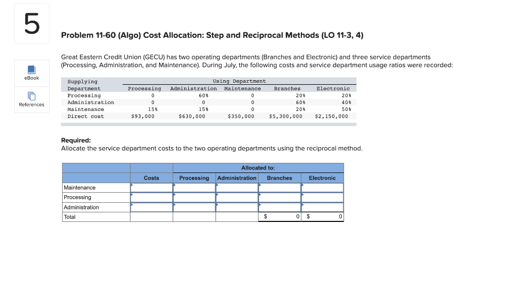  5 Problem 11-60 (Algo) Cost Allocation: Step and Reciprocal Methods (LO