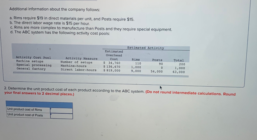 follows: a. Rims require $19 in direct materials per unit, and Posts
