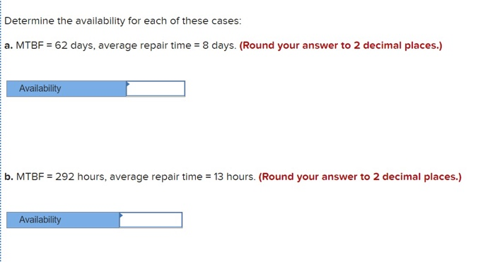  Determine the availability for each of these cases: a. MTBF =