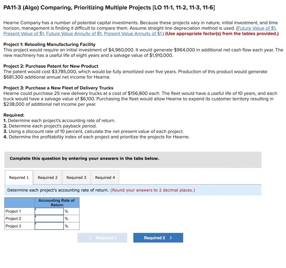  PA11-3 (Algo) Comparing, Prioritizing Multiple Projects (LO 11-1, 11-2, 11-3, 11-6]