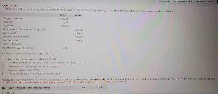  CALCULATOR FULL SCREEN PRINTER VERSION Question 2 The ledger of Cullumber