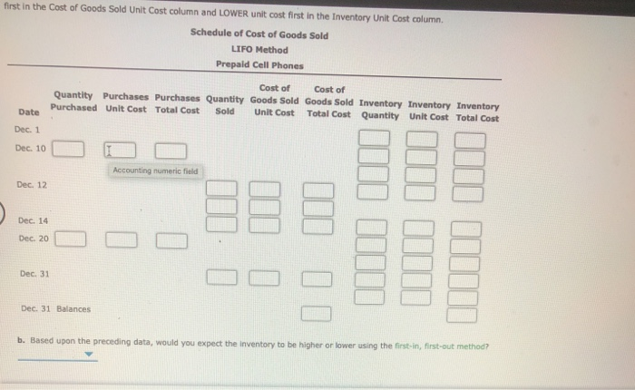 prepaid cell phones for December are as follows: Inventory Purchases Sales Dec.