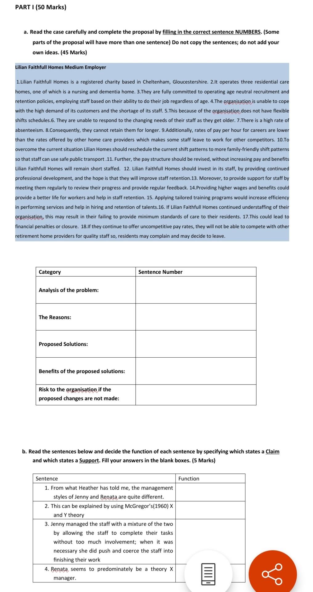 PARTI (50 Marks) a. Read the case carefully and complete the