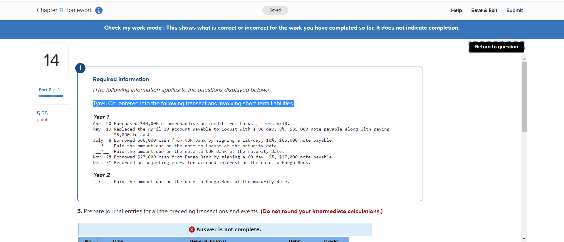  Chapter 11 Homework Saved Help Save & Exit Submit Check my