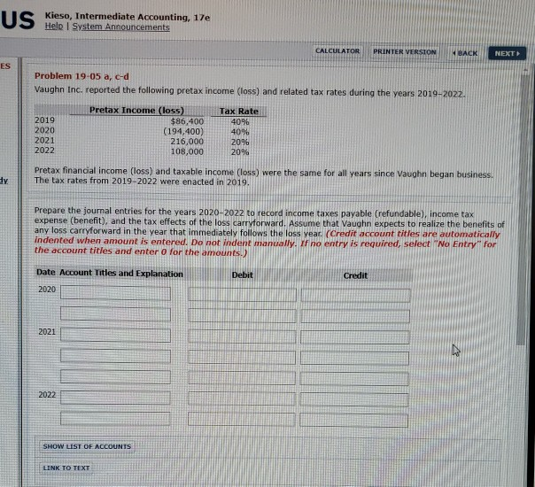 U S Kiese, Intermediate Accounting, 17e Help System Announcements BACK NEXT