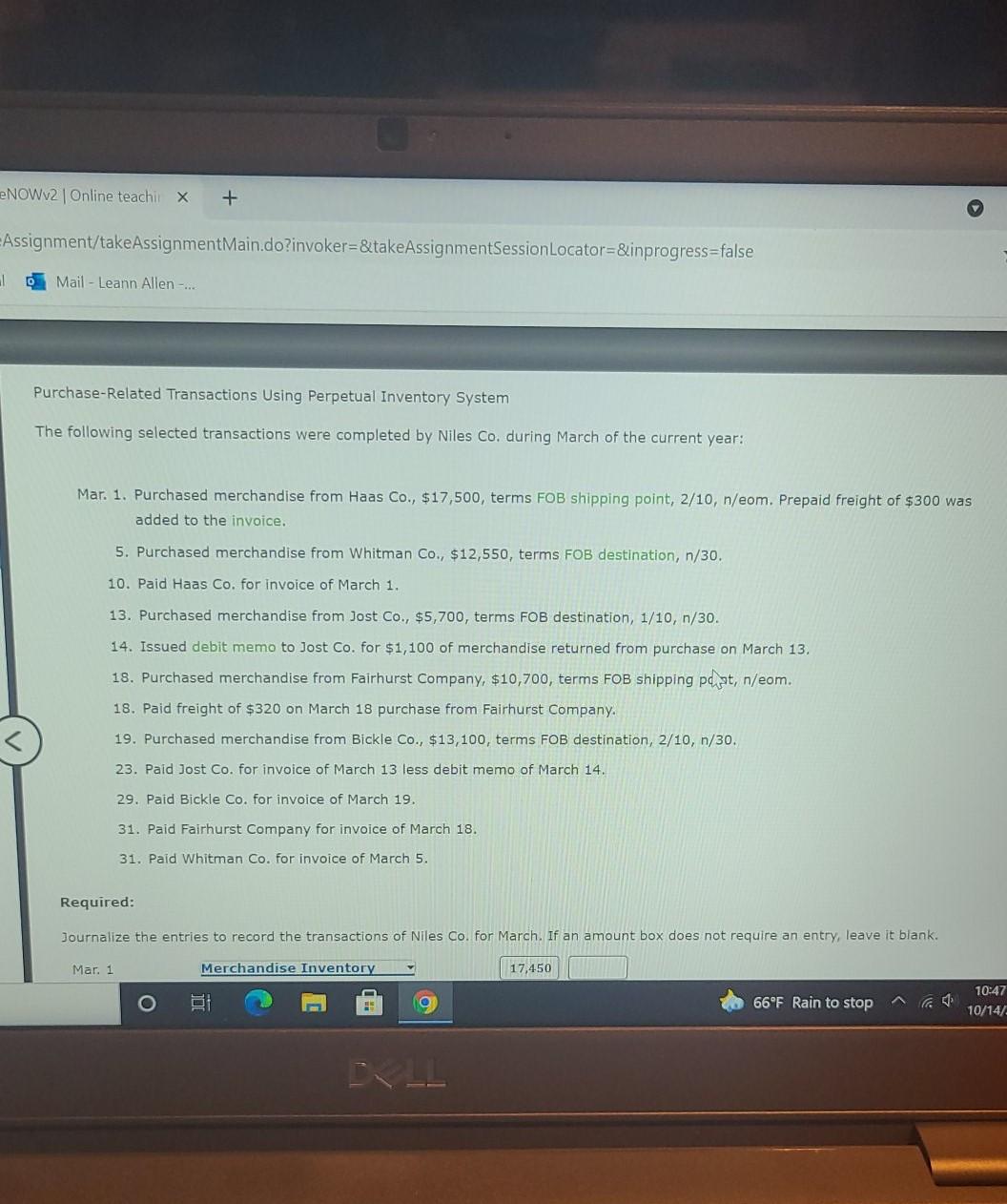  NOWV2 Online teachii X + Assignment/take AssignmentMain.do?invoker=&takeAssignmentSessionLocator=&inprogress=false 1 Mail - Leann