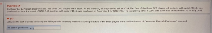  Question 14 On December 1, Pharoah Electronics Ld has three DVD