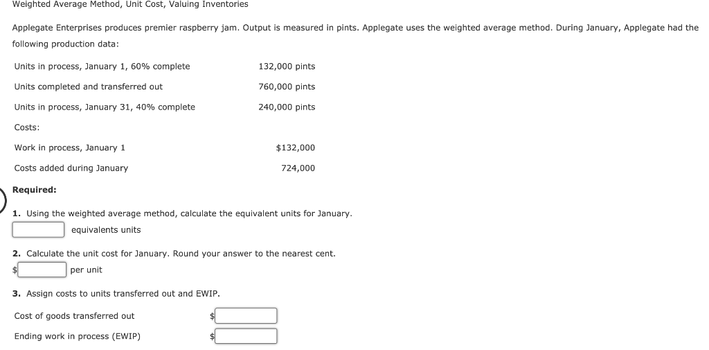 Weighted Average Method, Unit Cost, Valuing Inventories Applegate Enterprises produces premier