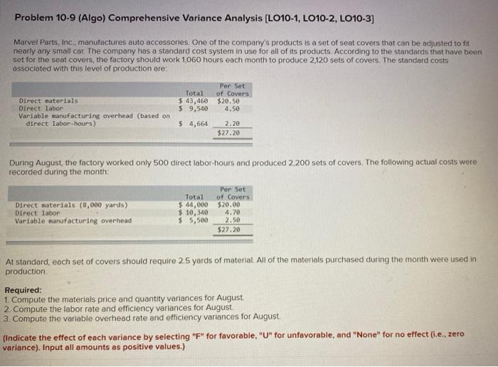  Problem 10-9 (Algo) Comprehensive Variance Analysis (LO10-1, LO10-2, LO10-3) Marvel Parts,